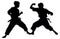 Two young boys doing karate silhouette, Two karate young boys fighters in a match