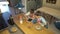 Two young boys having breakfast in a modern kitchen while looking at the mobile devices