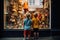 Two young boys stand side by side, captivated by the items showcased in a store window, small children stand on the street near a