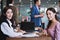 Two young business woman startup entrepreneur casual brainstorm business meeting office,planning, strategy, new business