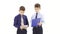Two young businessmen boys stipulate reports and graphs. White studio