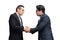 two young businessmen shaking hands on a white background