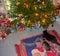 Two young cats lying in front of a decorated Christmas tree looking at presents and decorations