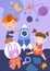 Two young children playing with a spaceship, stars and planets and rabbit in astronaut suit in their nursery in a