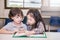 Two young children reading books at the school library