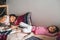 Two young children sleeping in the morning. Asian toddler and older brother