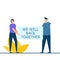 Two young couple holding we will back together sign. Flat cartoon character design for landing page, web mobile and banner
