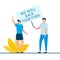 Two young couple holding we will back together sign. Flat cartoon character design for landing page, web mobile and banner