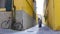 Two young excited women walking through the narrow yellow streets with luggage