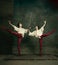 Two young female ballet dancers like duelists with swords. Ballet and contemporary choreography concept. Creative art