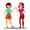 Two Young Girls Actively Discuss With Gestures Vector. Isolated Illustration