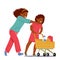 Two Young Girls Characters, Giggling With Excitement, Navigate A Bustling Supermarket Aisle, Pushing Their Shopping Cart