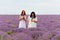 Two young girls with different hair color in white dresses, posing together in a lavender field.