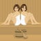 Two young girls sitting back to back in wooden sauna relaxing