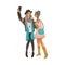 Two young girls in stylish boho clothes stand making selfie cartoon style