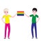 Two young guys holding a rainbow flag.