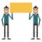 Two young guys holding a sign. Template for your design. Vector