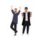 Two young guys stand, gesture of joy and celebration,