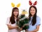 Two young happy Asian teenage girls smiling holding Merry Christ