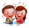 Two young kids couple happy singing serenade with guitar for valentines