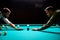 two young male friends came to play sport game billiards or snooker