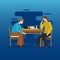 Two young men playing chess - flat vector illustration for banners, apps and web.