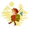 Two young Men tourist with a backpack goes on a hike against the background of nature. Vector in the style of th