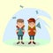 Two young Men tourist with a backpack goes on a hike against the background of nature. Vector in the style of th