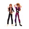 Two young people dressed as glam rock stars, leather, boots