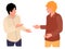 Two young people speaking together. Teenage or adult male characters talking. Scene of dialog between cartoon faceless