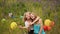 Two young pretty girls make selfie. Students are sitting on the lawn in the park. Self-portrait. Shooting on the phone