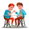 Two Young Strong Men Compete In Arm Wrestling Vector. Isolated Illustration