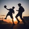 Two young teenagers playing streetball basketball in sunset, generative ai