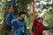 Two young trekkers compete for the finish line of their own colors in a trekking competition. Selection focus at the hand is about