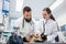 Two young veterinarian doctors examining a cat