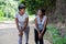 Two young woman doing outdoor exercise