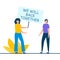 Two young woman holding we will back together sign. Flat cartoon character design for landing page, web mobile and banner