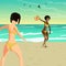 Two young women in a bikini throw a flying disk on the beach. Gi