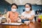 Two young women cooking the tapioca dumpling in quarantine for wearing protective mask