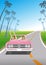 Two young women enjoying summer drive by the pink convertible in roadway - copy space
