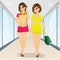 Two young women holding grocery shopping paper bags walking in supermarket