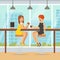 Two Young Women Sitting in Cafe and Drinking Coffee, Best Friends, Female Friendship Concept Cartoon Vector Illustration