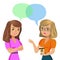 Two young women talking. Meeting colleagues or friends. Vector