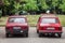 Two Zastava and Yugo 55 red cars parked. Also known as Skala, it is a generic name for a family of cars built by Zastava