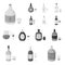 Types of alcohol monochrome icons in set collection for design. Alcohol in bottles vector symbol stock web illustration.