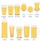 Types of beer utensils. Set of beer glasses with light craft beer American pint, nonic pint, pint tulip, tulip, snifter