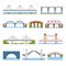 Types of bridges set. Brick, iron, wooden and stone bridges architecture building bridgework elements in flat style. City