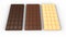 Types of chocolate. Black, milk and white chocolate bars. 3D-rendering.