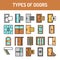 Types of doors color line icons set. Material steel. Isolated vector element. Outline pictograms for web page, mobile app, promo