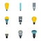 Types of lamps icons set, flat style